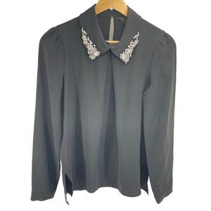 McGinn Black Embellished rhinestone collar Blouse shirt small vintage style blac